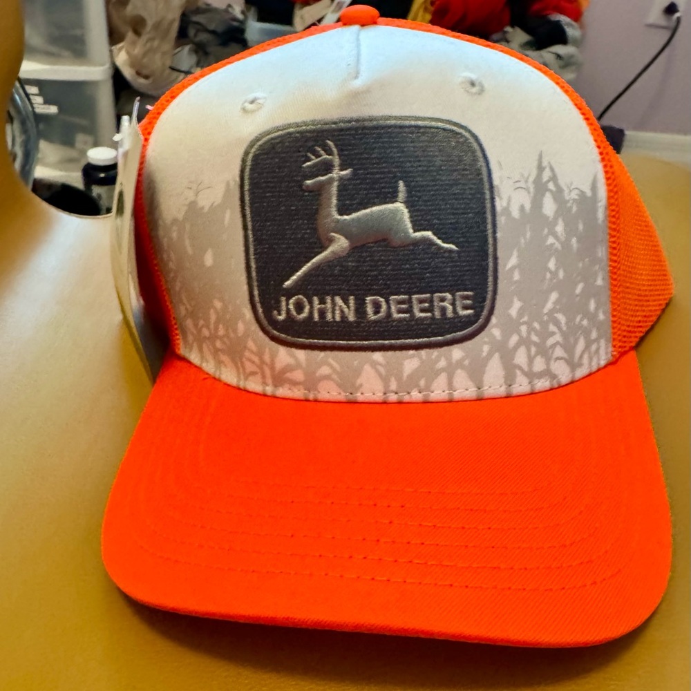 Orange & White John Deere SnapBack Hat with Cornfield Background. OSFM. NWT